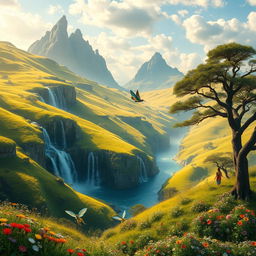 A mystical landscape inspired by "Kunci Alam Dewata", showcasing enchanting rolling hills covered in vibrant green grass illuminated by golden sunlight