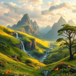 A mystical landscape inspired by "Kunci Alam Dewata", showcasing enchanting rolling hills covered in vibrant green grass illuminated by golden sunlight
