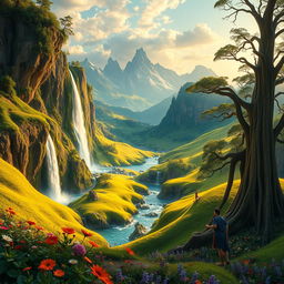 A mystical landscape inspired by "Kunci Alam Dewata", showcasing enchanting rolling hills covered in vibrant green grass illuminated by golden sunlight