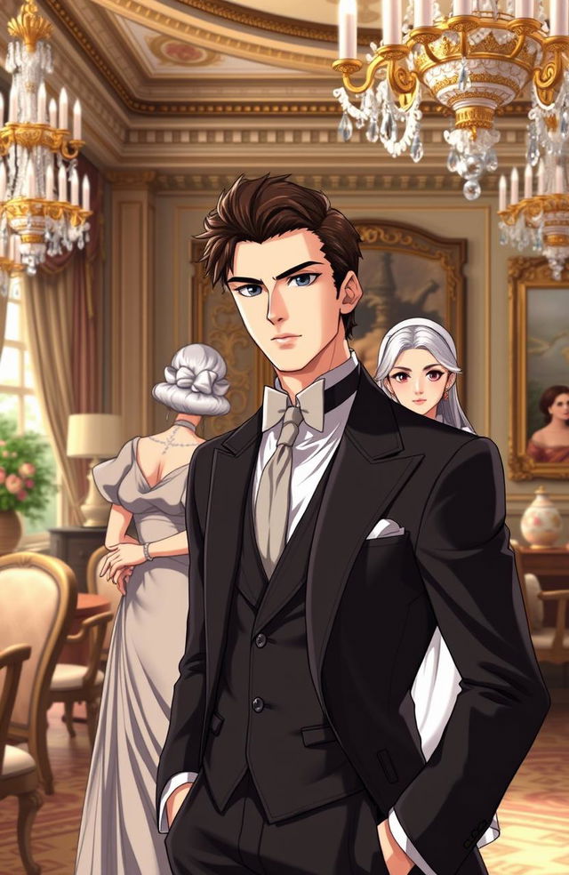 A handsome gentleman anime man in his mid 20s with sharp features and stylish hair, confidently standing in a luxurious British villa adorned with opulent decor