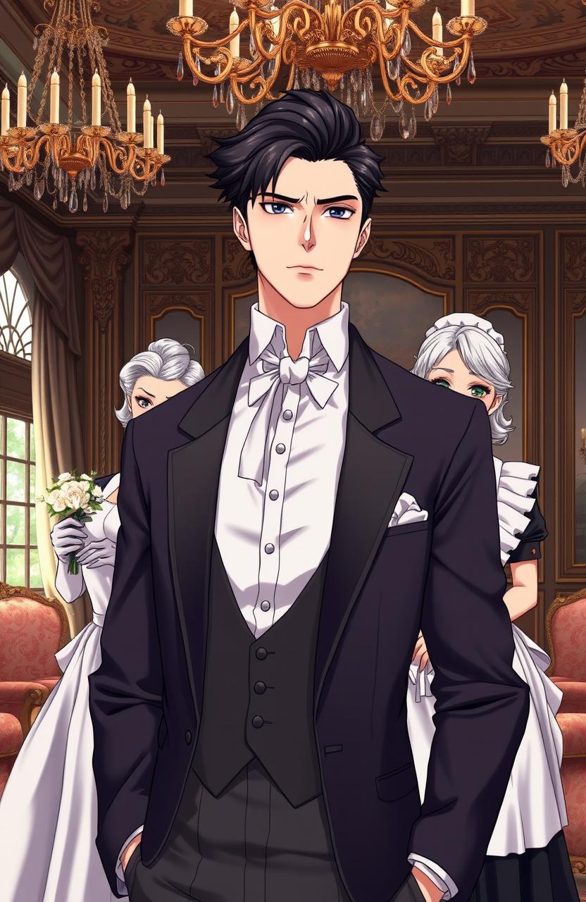 A handsome gentleman anime man in his mid 20s with sharp features and stylish hair, confidently standing in a luxurious British villa adorned with opulent decor