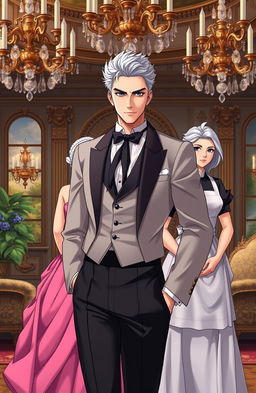 A handsome gentleman anime man in his mid 20s with sharp features and stylish hair, confidently standing in a luxurious British villa adorned with opulent decor