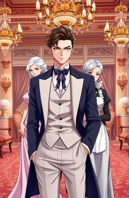 A handsome gentleman anime man in his mid 20s with sharp features and stylish hair, confidently standing in a luxurious British villa adorned with opulent decor