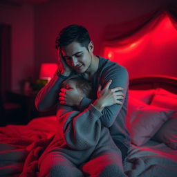 An intimate scene in a cozy bedroom at night, illuminated by soft red light