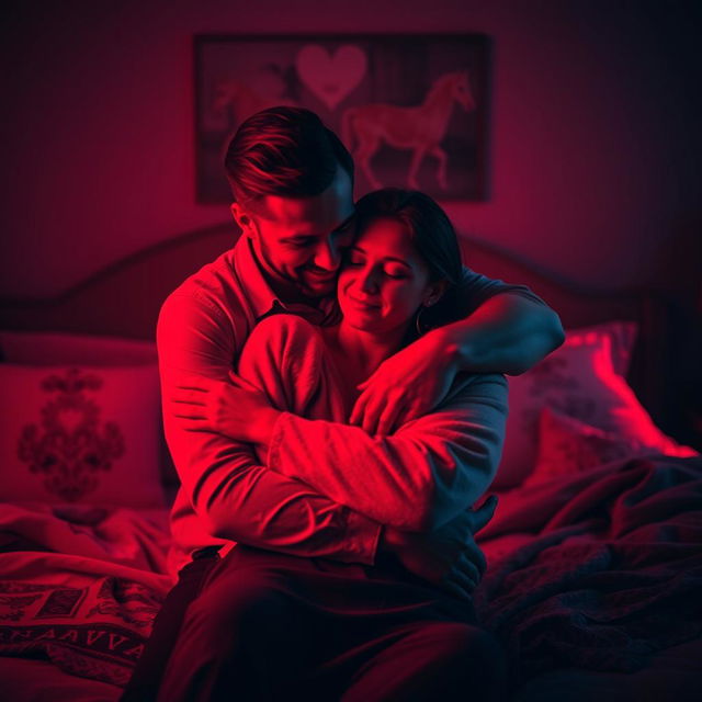 An intimate scene in a cozy bedroom at night, illuminated by soft red light