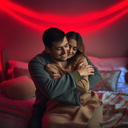 An intimate scene in a cozy bedroom at night, illuminated by soft red light