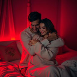 An intimate scene in a cozy bedroom at night, illuminated by soft red light