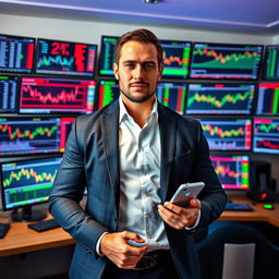 A confident man in a sleek suit standing in front of multiple computer screens filled with forex trading charts, graphs, and live currency exchange data