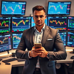 A confident man in a sleek suit standing in front of multiple computer screens filled with forex trading charts, graphs, and live currency exchange data