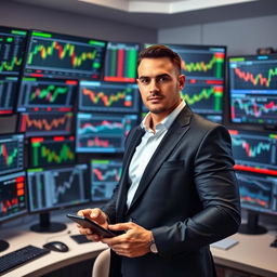 A confident man in a sleek suit standing in front of multiple computer screens filled with forex trading charts, graphs, and live currency exchange data