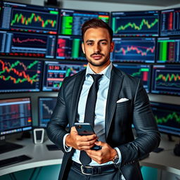 A confident man in a sleek suit standing in front of multiple computer screens filled with forex trading charts, graphs, and live currency exchange data