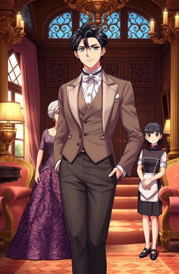 A handsome anime gentleman in his mid 20s, exuding charm and style, stands confidently in a luxurious British villa