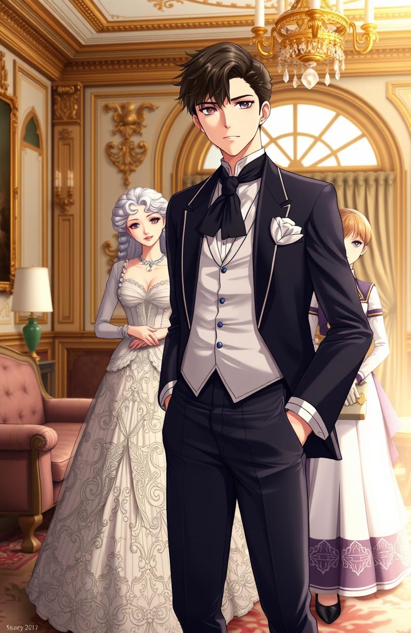 A handsome anime gentleman in his mid 20s, exuding charm and style, stands confidently in a luxurious British villa