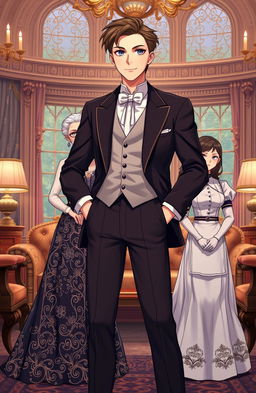 A handsome anime gentleman in his mid 20s, exuding charm and style, stands confidently in a luxurious British villa