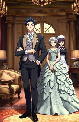 A handsome anime gentleman in his mid 20s, exuding charm and style, stands confidently in a luxurious British villa