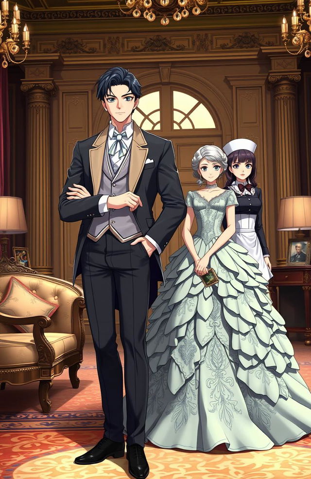 A handsome anime gentleman in his mid 20s, exuding charm and style, stands confidently in a luxurious British villa