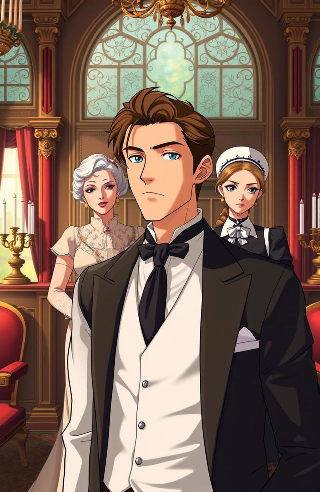 A handsome gentleman anime man in his mid 20s stands confidently in a very luxurious British villa, showcasing opulent decor and rich colors