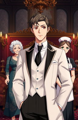 A handsome gentleman anime man in his mid 20s stands confidently in a very luxurious British villa, showcasing opulent decor and rich colors