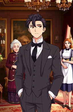 A handsome gentleman anime man in his mid 20s stands confidently in a very luxurious British villa, showcasing opulent decor and rich colors