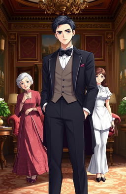 A handsome gentleman anime man in his mid 20s stands confidently in a very luxurious British villa, showcasing opulent decor and rich colors