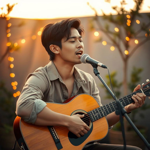 A handsome Indonesian man with striking features, playing an acoustic guitar passionately while singing a melancholic song