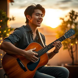 A handsome Indonesian man with striking features, playing an acoustic guitar passionately while singing a melancholic song