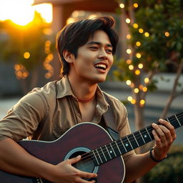 A handsome Indonesian man with striking features, playing an acoustic guitar passionately while singing a melancholic song