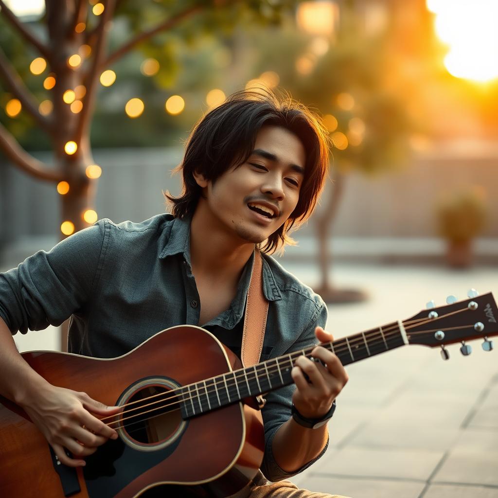 A handsome Indonesian man with striking features, playing an acoustic guitar passionately while singing a melancholic song