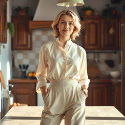 A 35-year-old European woman in elegant attire, showcasing sophisticated fashion