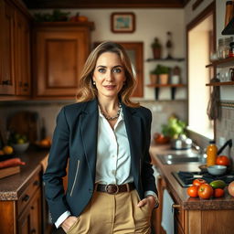 A 35-year-old European woman in elegant attire, showcasing sophisticated fashion