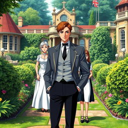 A handsome gentleman anime man in his mid 20s stands confidently in the compound of a very luxurious British villa, surrounded by lush gardens and elegant architecture