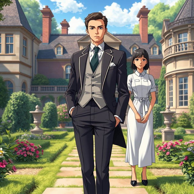 A handsome gentleman anime man in his mid 20s stands confidently in the compound of a very luxurious British villa, surrounded by lush gardens and elegant architecture