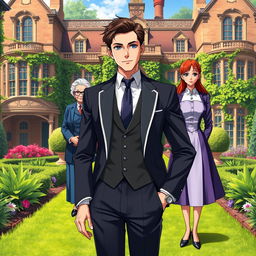 A handsome gentleman anime man in his mid 20s stands confidently in the compound of a very luxurious British villa, surrounded by lush gardens and elegant architecture