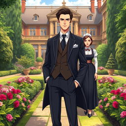 A handsome gentleman anime man in his mid 20s stands confidently in the compound of a very luxurious British villa, surrounded by lush gardens and elegant architecture