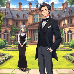 A handsome gentleman anime man in his mid 20s stands charismatically in the compound of a very luxurious British villa, surrounded by beautifully manicured gardens and ornate architecture