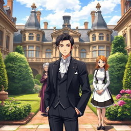 A handsome gentleman anime man in his mid 20s stands charismatically in the compound of a very luxurious British villa, surrounded by beautifully manicured gardens and ornate architecture