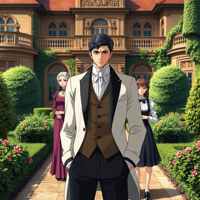 A handsome gentleman anime man in his mid 20s stands charismatically in the compound of a very luxurious British villa, surrounded by beautifully manicured gardens and ornate architecture