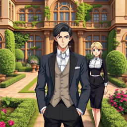A handsome gentleman anime man in his mid 20s stands charismatically in the compound of a very luxurious British villa, surrounded by beautifully manicured gardens and ornate architecture