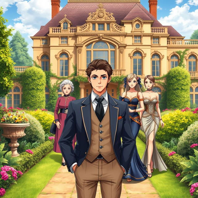 A handsome gentleman anime man in his mid 20s stands confidently in the compound of a very luxurious British villa, surrounded by exquisite gardens and grand architecture