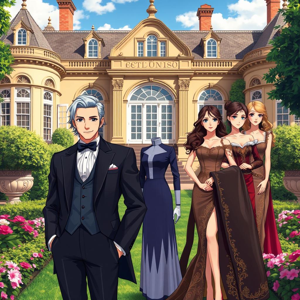 A handsome gentleman anime man in his mid 20s stands confidently in the compound of a very luxurious British villa, surrounded by exquisite gardens and grand architecture