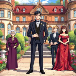 A handsome gentleman anime man in his mid 20s stands confidently in the compound of a very luxurious British villa, surrounded by exquisite gardens and grand architecture