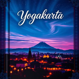 A captivating book cover featuring the vibrant cityscape of Yogyakarta at night, illuminated by the warm glow of traditional Javanese lamps and street lights