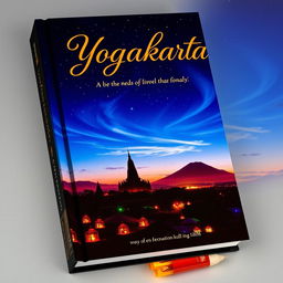 A captivating book cover featuring the vibrant cityscape of Yogyakarta at night, illuminated by the warm glow of traditional Javanese lamps and street lights