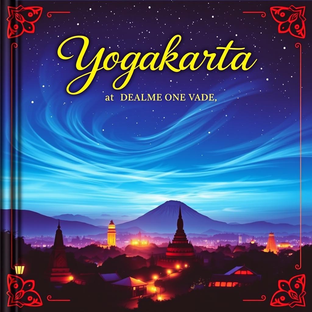 A captivating book cover featuring the vibrant cityscape of Yogyakarta at night, illuminated by the warm glow of traditional Javanese lamps and street lights