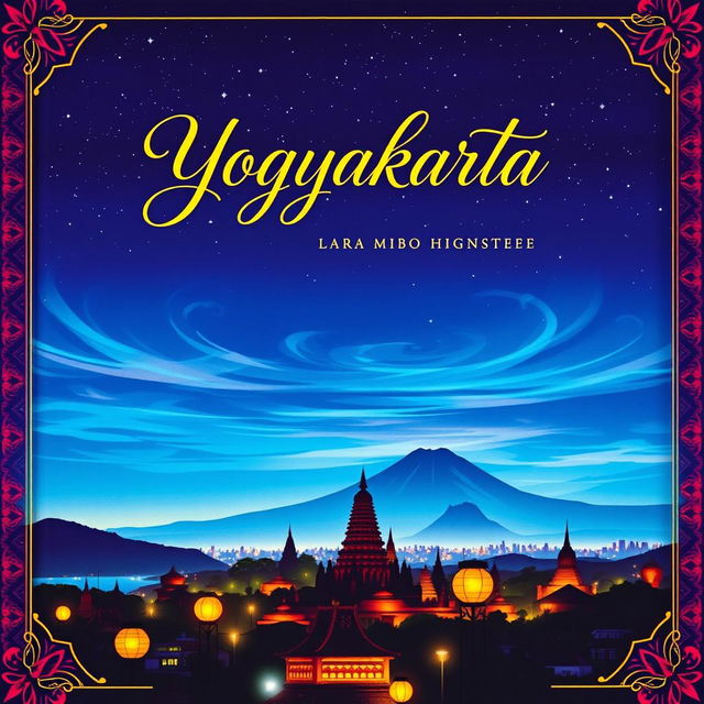 A captivating book cover featuring the vibrant cityscape of Yogyakarta at night, illuminated by the warm glow of traditional Javanese lamps and street lights