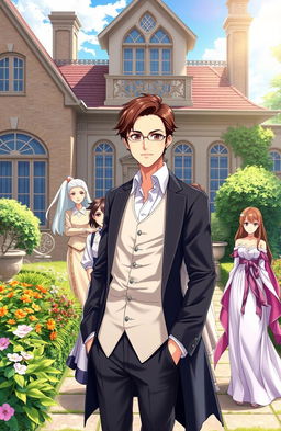 A handsome gentleman anime man in his mid 20s stands confidently in the beautiful compound of a luxurious British villa, surrounded by an elegant garden
