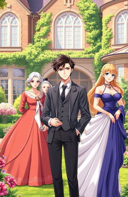 A handsome gentleman anime man in his mid 20s stands confidently in the beautiful compound of a luxurious British villa, surrounded by an elegant garden