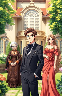 A handsome gentleman anime man in his mid 20s stands confidently in the beautiful compound of a luxurious British villa, surrounded by an elegant garden