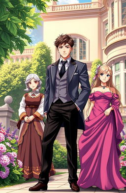 A handsome gentleman anime man in his mid 20s stands confidently in the beautiful compound of a luxurious British villa, surrounded by an elegant garden