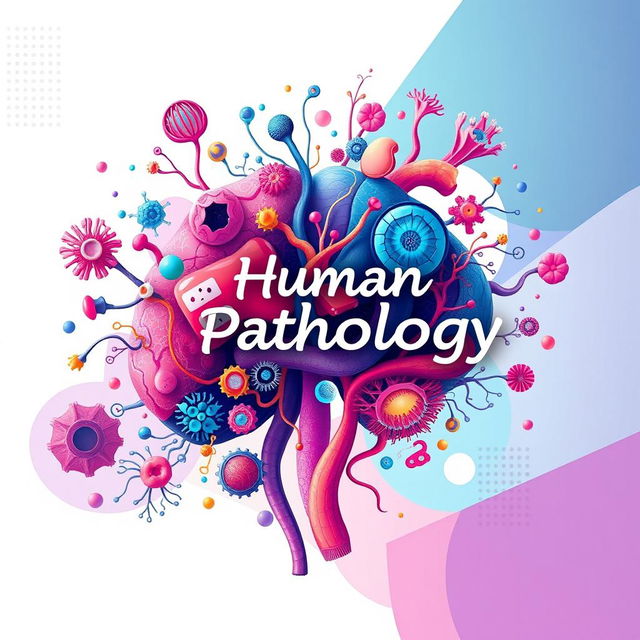 A visually striking image representing the concept of human pathology, featuring an abstract illustration that combines elements of anatomy and cellular structures, with vibrant and artistic representations of cells, tissues, and organs intertwining in a dynamic composition